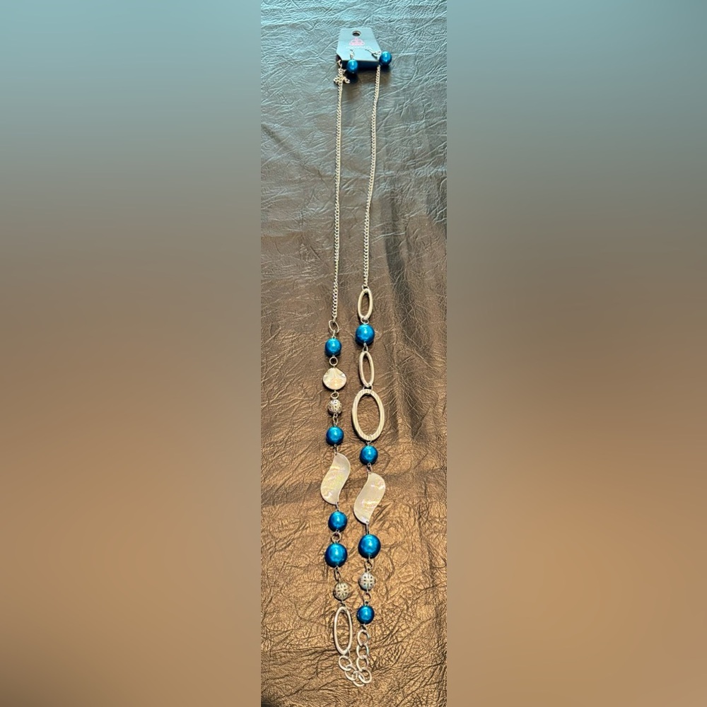 Elegant Silver and Blue Beaded Necklace & Earring Set, NEW